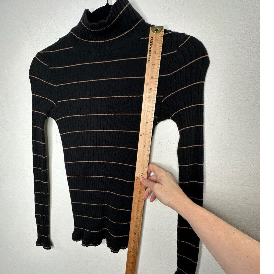 Vince Casual Black With Tan Stripe Ribbed Knit Turtleneck Long Sleeve Sweater XS