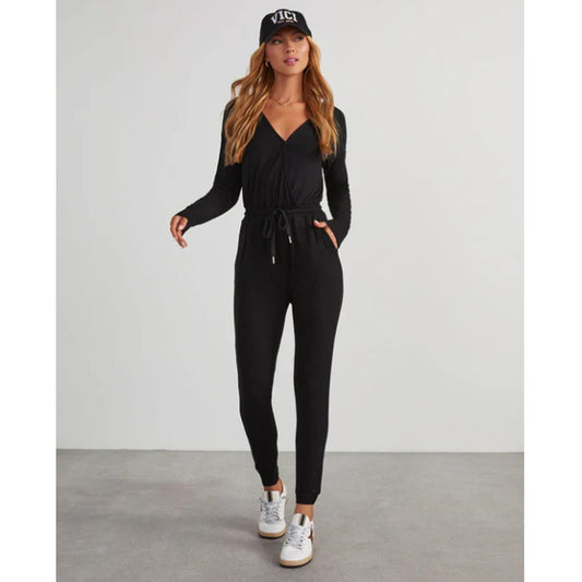 VICI Black Colette Deep-V Long Sleeve Pocketed Drawstring Jumpsuit XS
