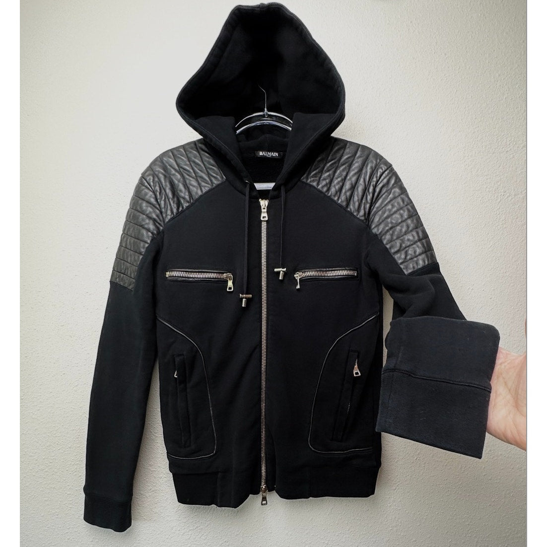 FUC Balmain Black Moto Hoodie Jacket Quilted Leather Shoulder Zip Sweatshirt M