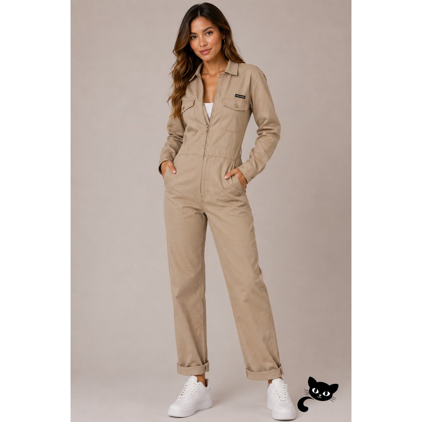 NWT Civilianaire Tan Khaki Zip-Front Long Sleeve Utility Pockets Jumpsuit XS