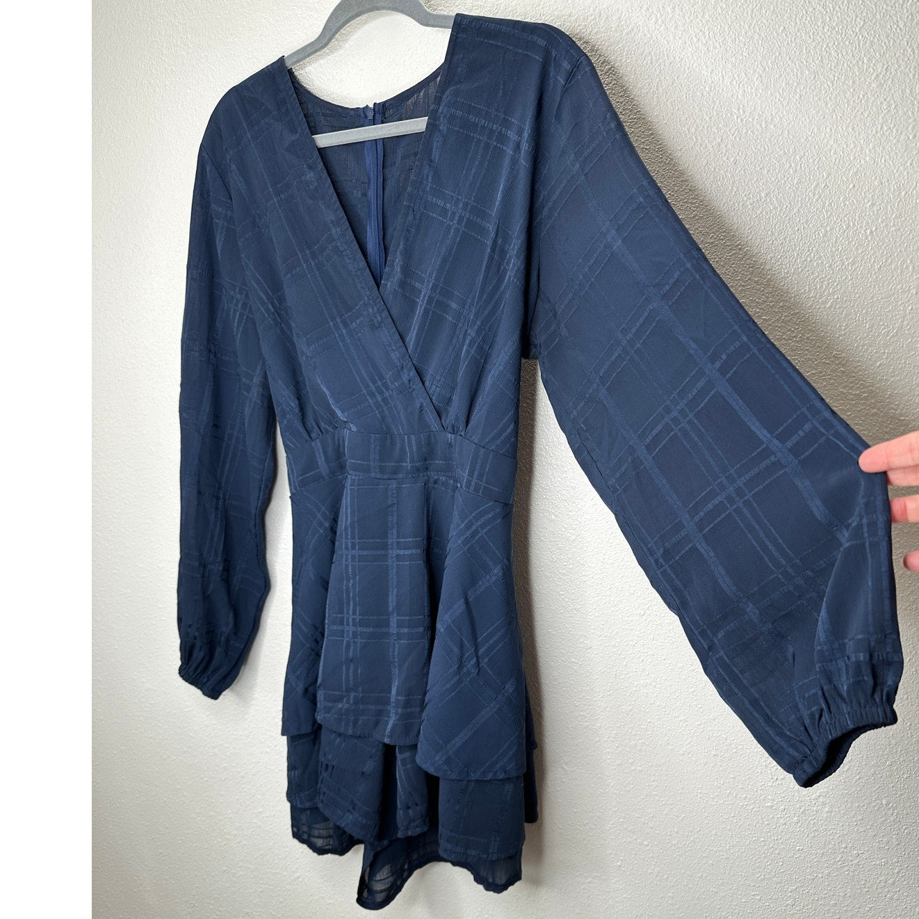 Navy Fit & Flare Sheer Plaid Faux Wrap V-Neck Romper Tie Waist XL