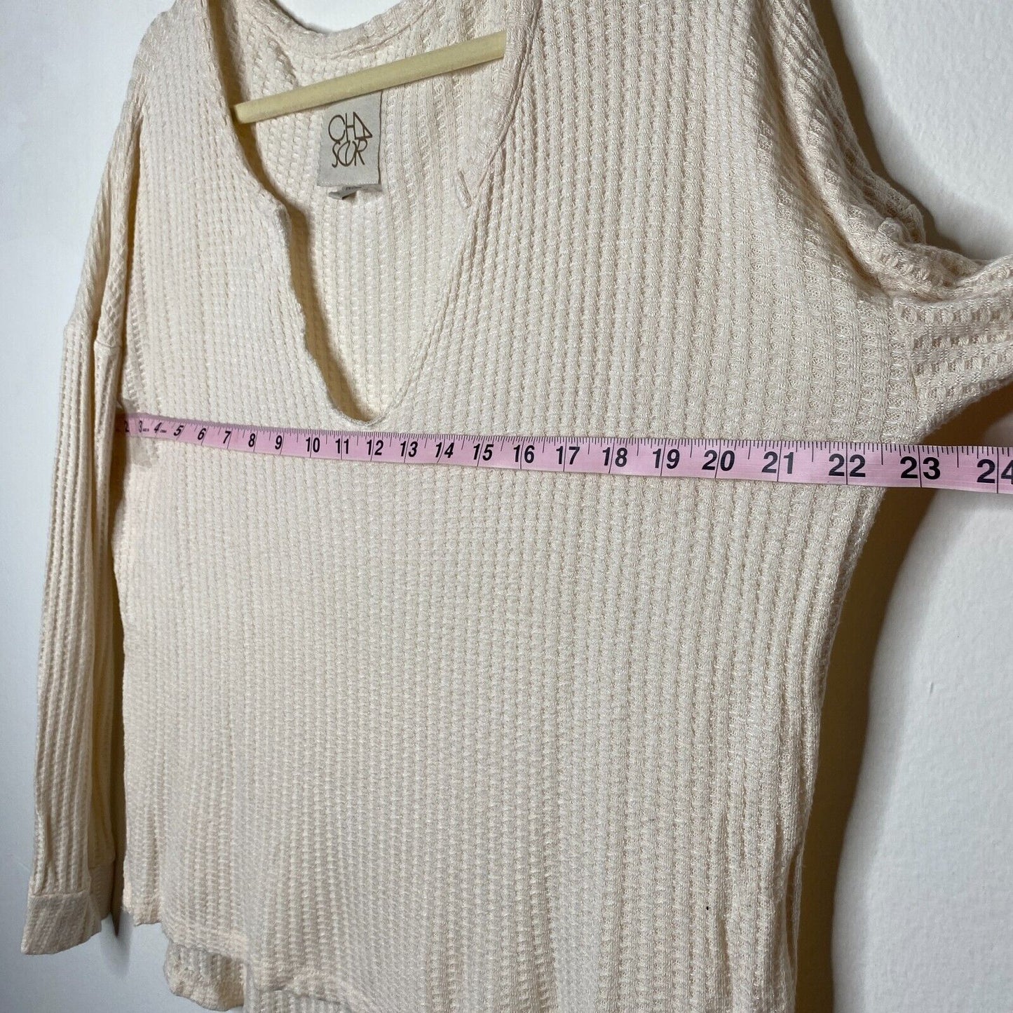 Chaser Vintage Cream Thermal Raw Split Neck Long Sleeve Soft Stretchy Top S