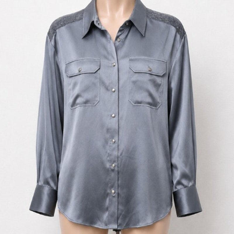 NWT Brunello Cucinelli Lead Gray Silk Beaded Fuzzy Shoulders Snap Shirt XL