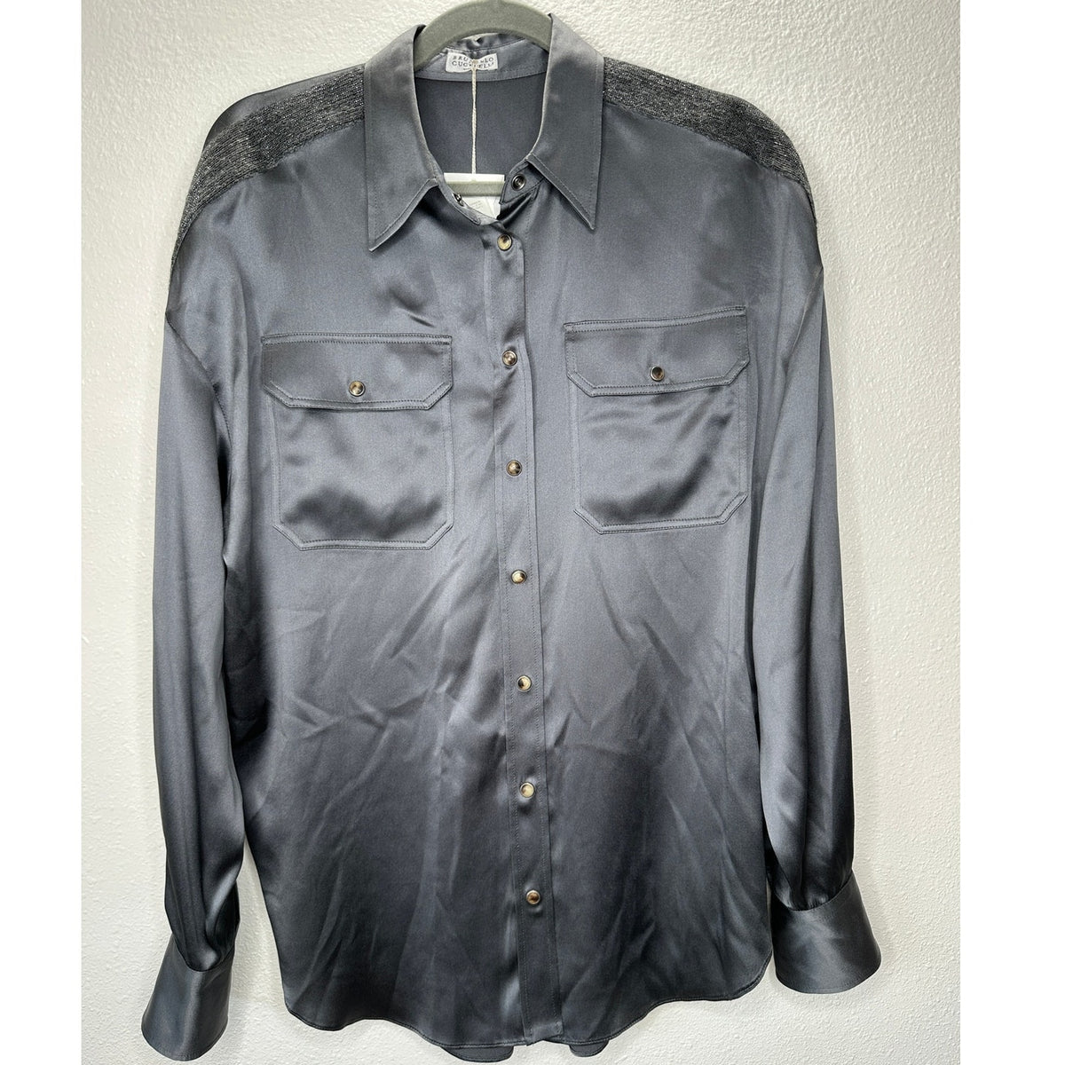 NWT Brunello Cucinelli Lead Gray Silk Beaded Fuzzy Shoulders Snap Shirt XL