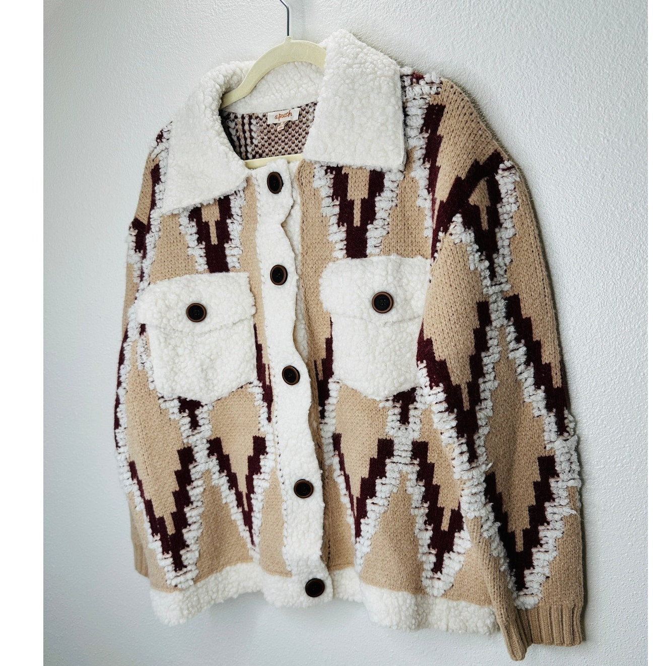 a. peach Tan Ivory Burgundy Southwest Print Button Collared Sweater Jacket S