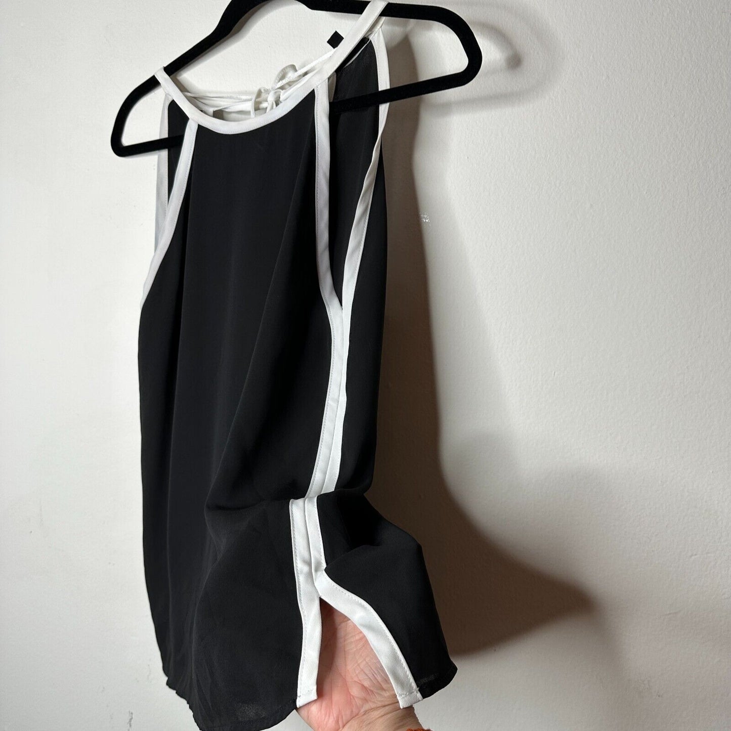 FATE Black & White Lined Stripe Tie Side Back Flowy Halter Blouse Top Small