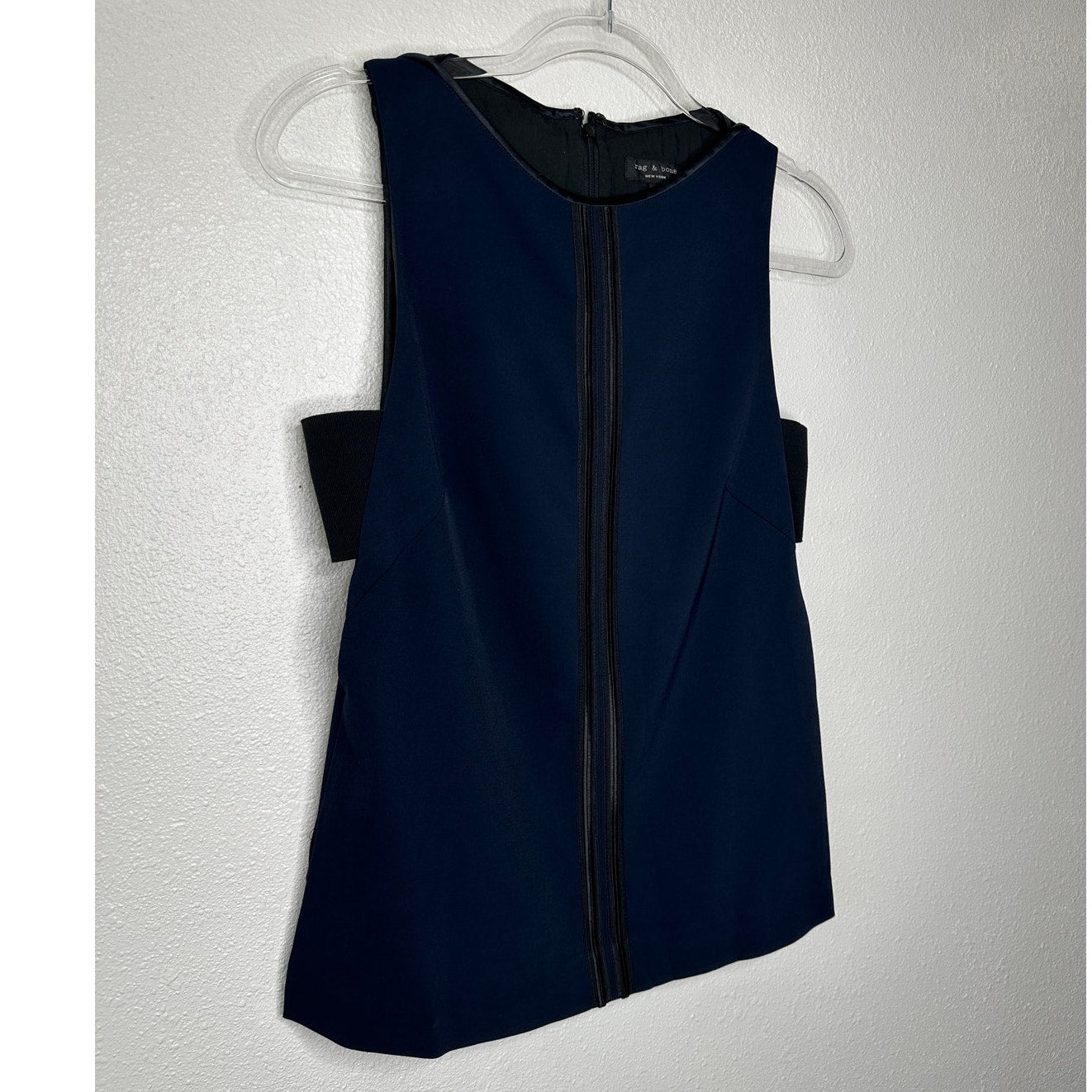 rag & bone Navy & Black High Neck Satin Back Zip Tank Blouse Sleeveless Top S
