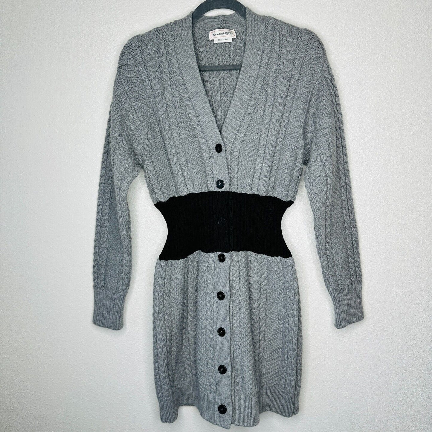 Alexander McQueen Knit Gray Cinch Waist Black Color Block V Neck Sweater Dress M