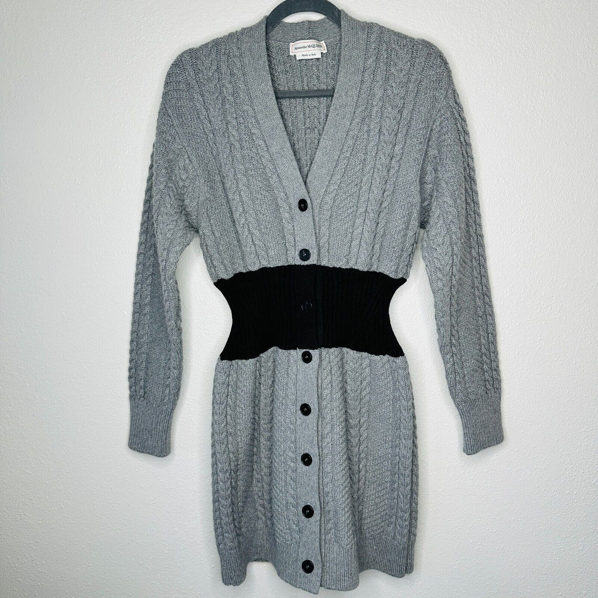Alexander McQueen Knit Gray Cinch Waist Black Color Block V Neck Sweater Dress M