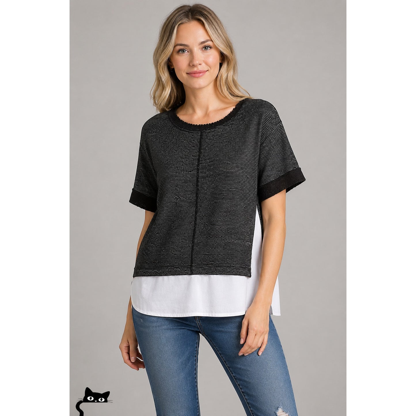 Caslon Black White Color Block Boxy Crewneck Woven Hem Striped Texture Top M