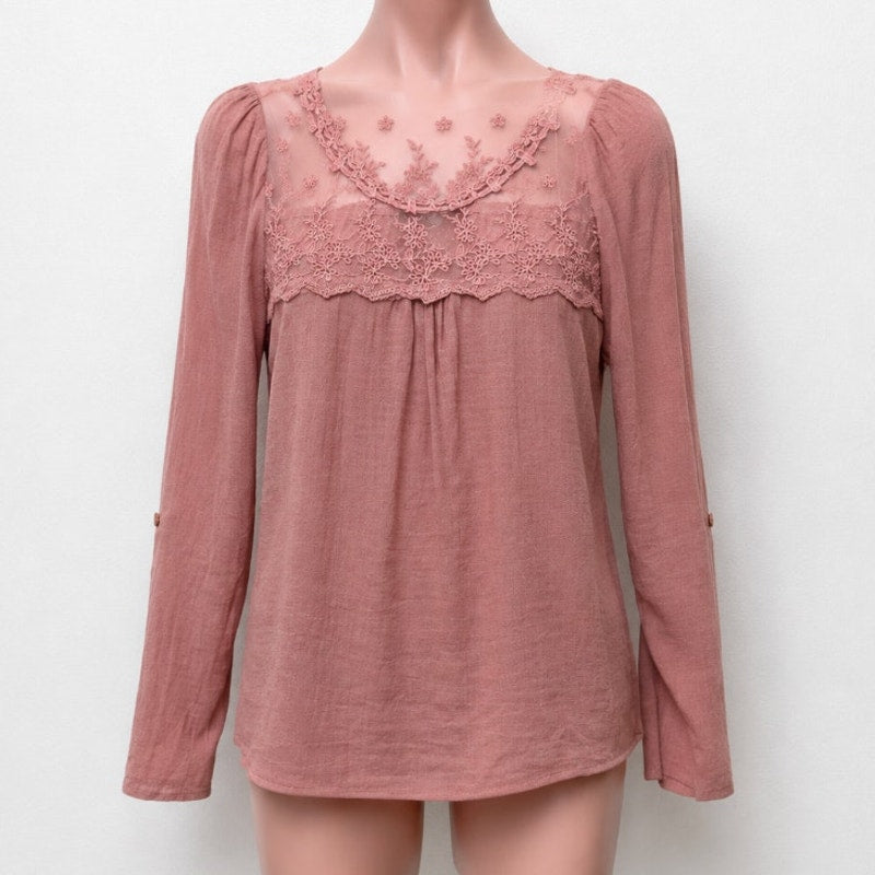 Blu Pepper Pink Apricot Floral Lace Bodice Blouse Long Sleeve Roll Tab Sleeve S