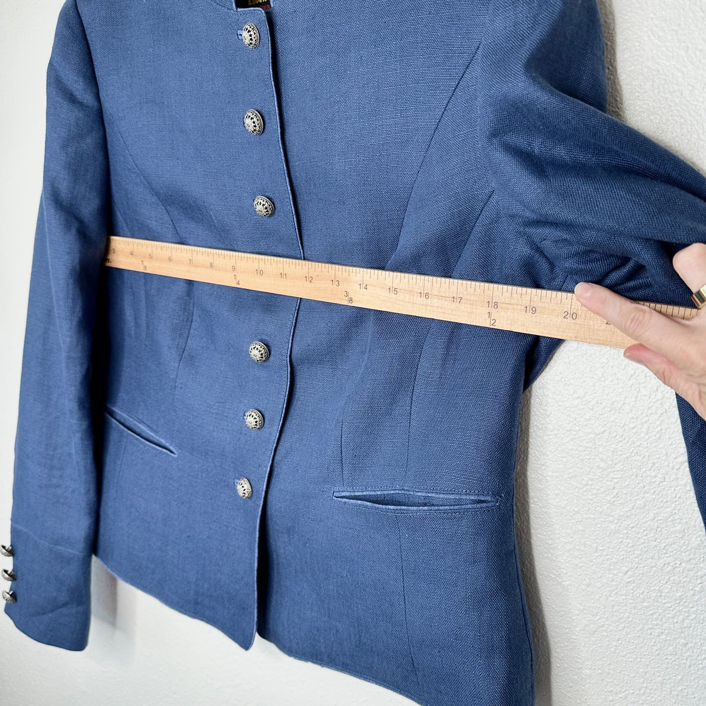 Loden Plankl Denim Blue Linen Band Neck Silver Floral Decorative Buttons Blazer Jacket