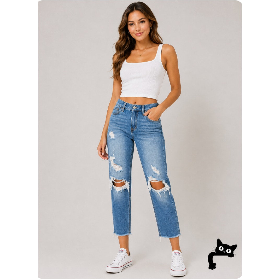 Hollister High Rise Mom Jeans Distressed Knees Frayed Hem Crop Denim Jean 26