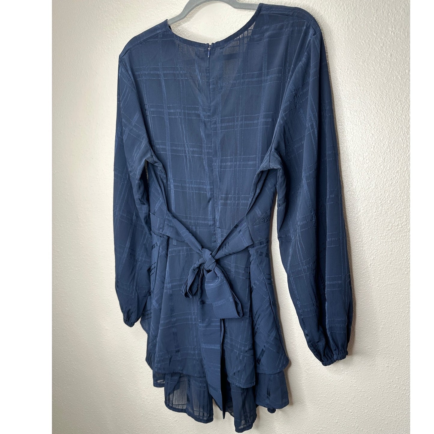Navy Fit & Flare Sheer Plaid Faux Wrap V-Neck Romper Tie Waist XL