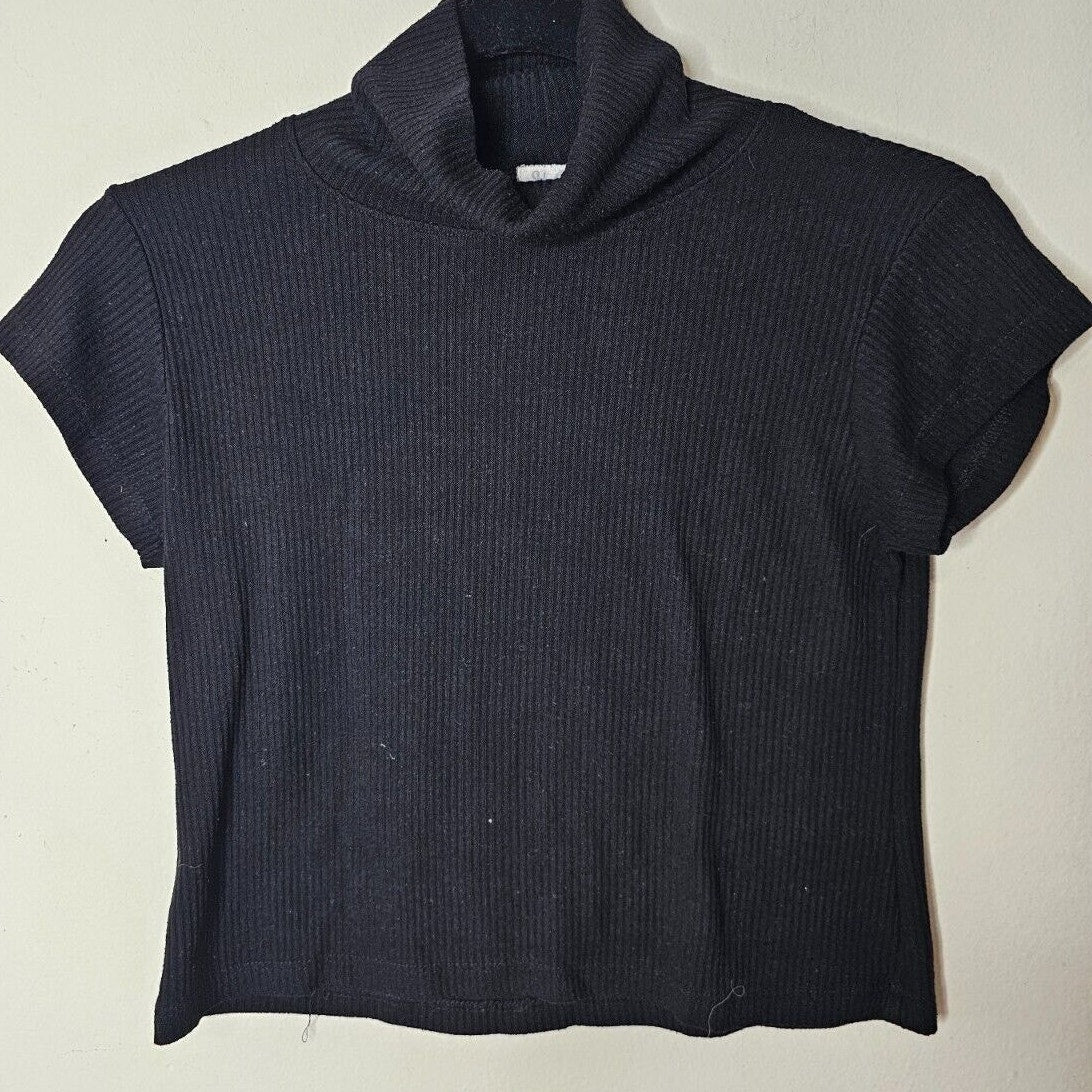 John Galt Black Short Sleeve Fitted Ribbed Knit Cropped Turtle Neck Sweater OS