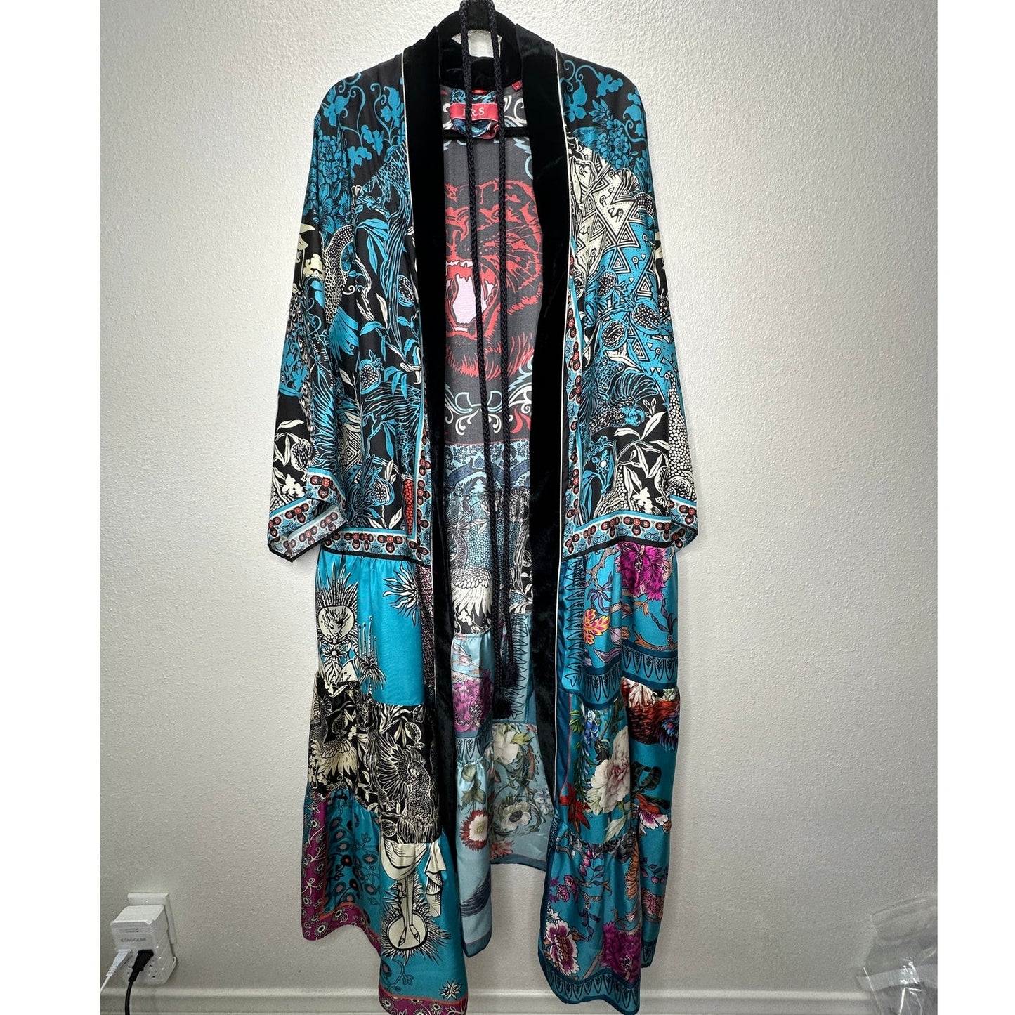 F.R.S. Cream Black Blue Red Multi Bird Floral Tiger Print Kimono M