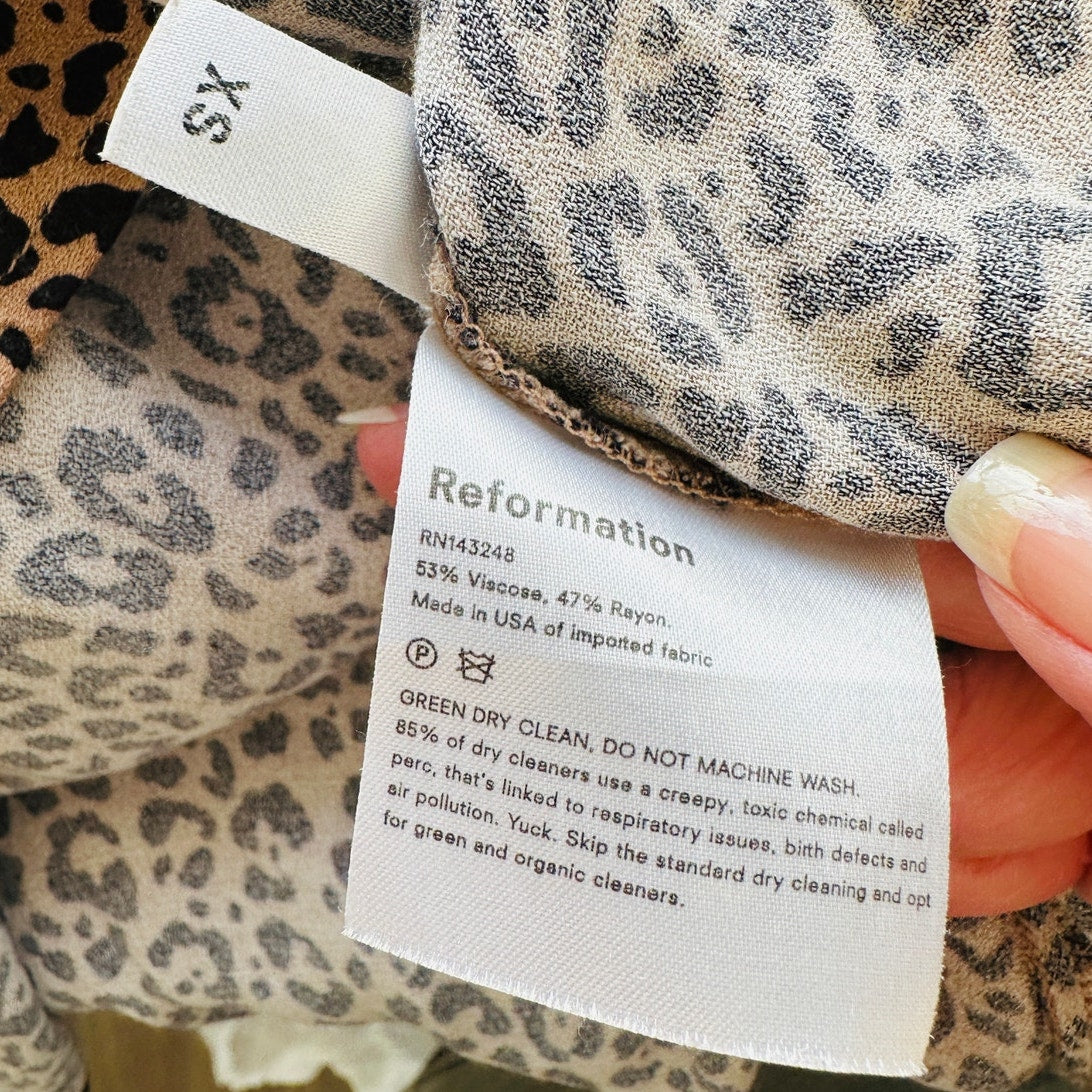 Reformation Marlowe Black Tan Leopard Print Mini Front Slit Dress XS