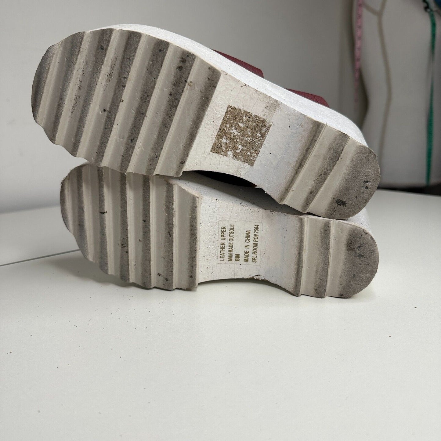 Anthro Gee Wawa Eggplant Leather White Platform Open Toe Ankle Strap Sandals 8