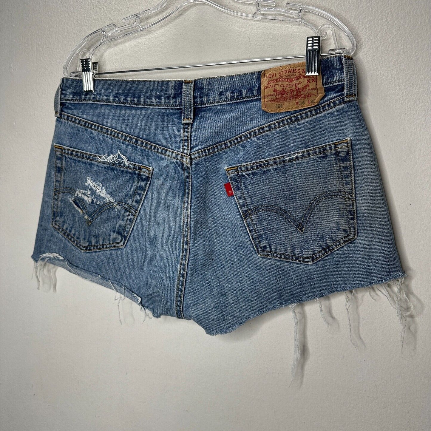 Levis 501 Medium Blue Wash Button Fly Distressed Raw Hem Shorts 34
