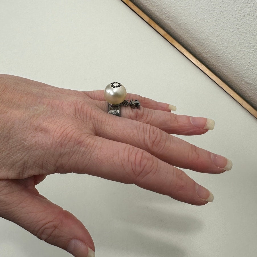 Chanel Paris Silver  Embossed Logo Pearl Crystal Heart Dangle Ring 6.5