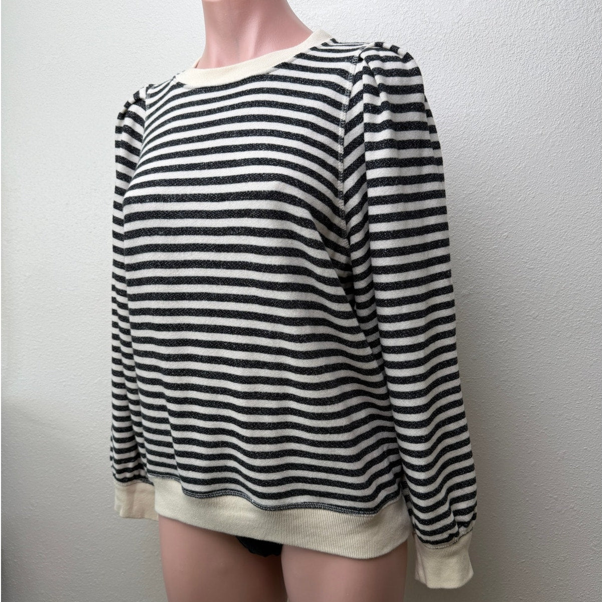 The Great. Black & Cream Striped Pleated Shoulder Sweatshirt Sweater