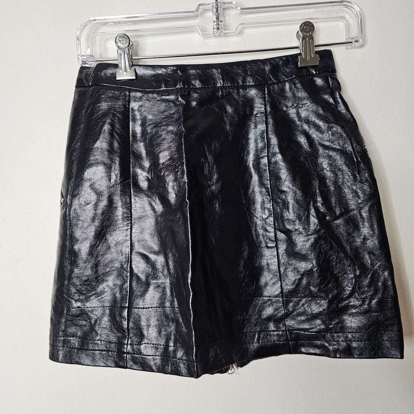 Meshki Black Faux Leather Mini Slant Silver Front Zip Diagonal Zip Pocket XS