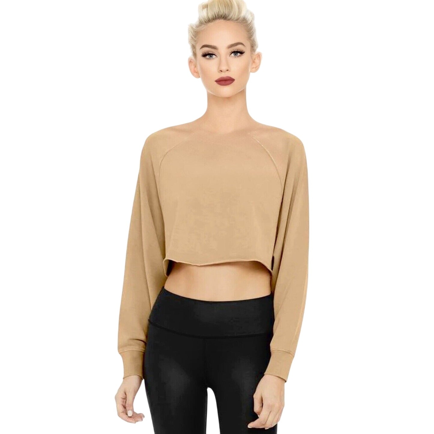 Alo Yoga Tan Go Washed and Worn Long Sleeve Boat Neck Boxy Crop Sweatshirt L