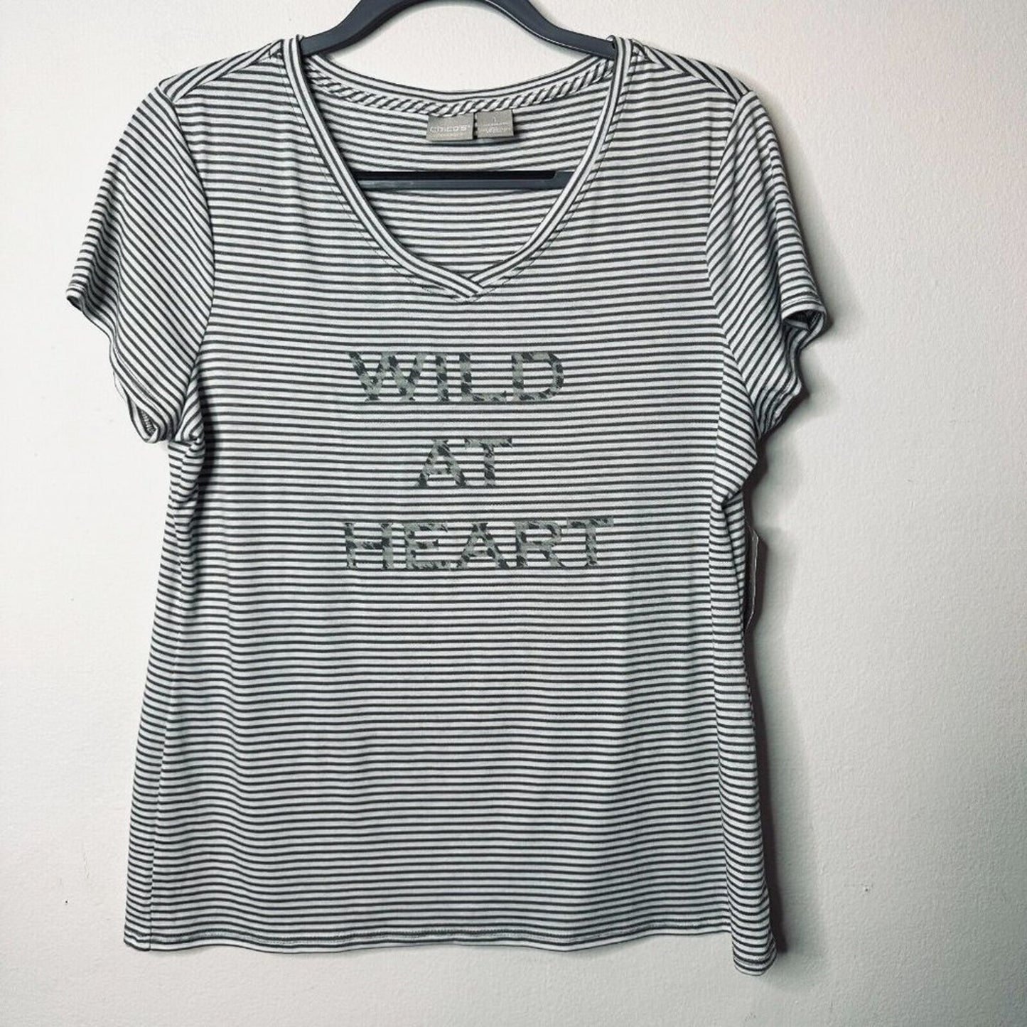 NWT Chico's Zenergy Wild At Heart Olive White Stripe V-Neck Tee  1