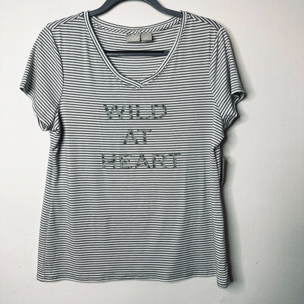 NWT Chico's Zenergy Wild At Heart Olive White Stripe V-Neck Tee  1