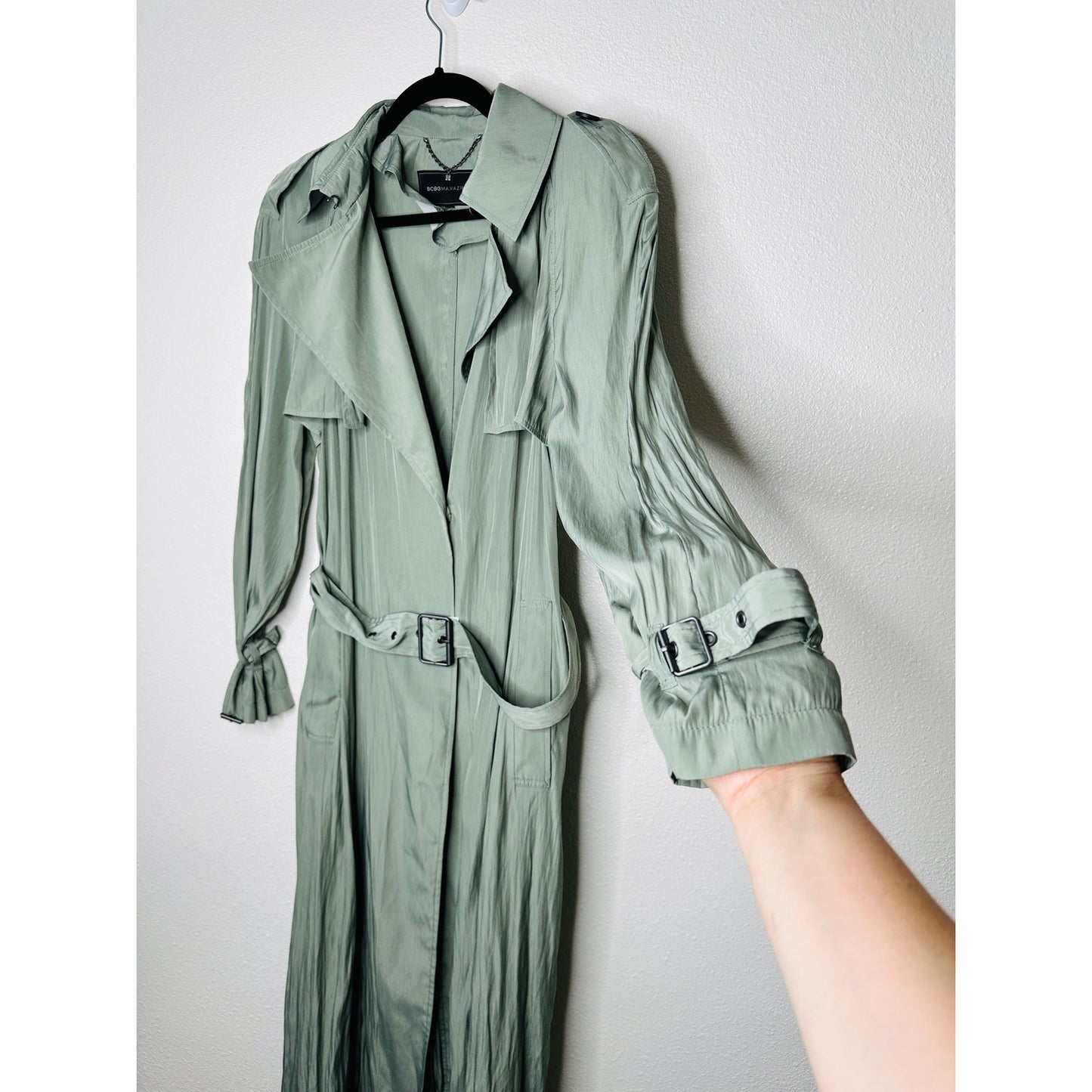 BCBGMaxazria Sage Green Ultra Thin Wide Notch Lapels Wrist Ties & Belt Jacket S