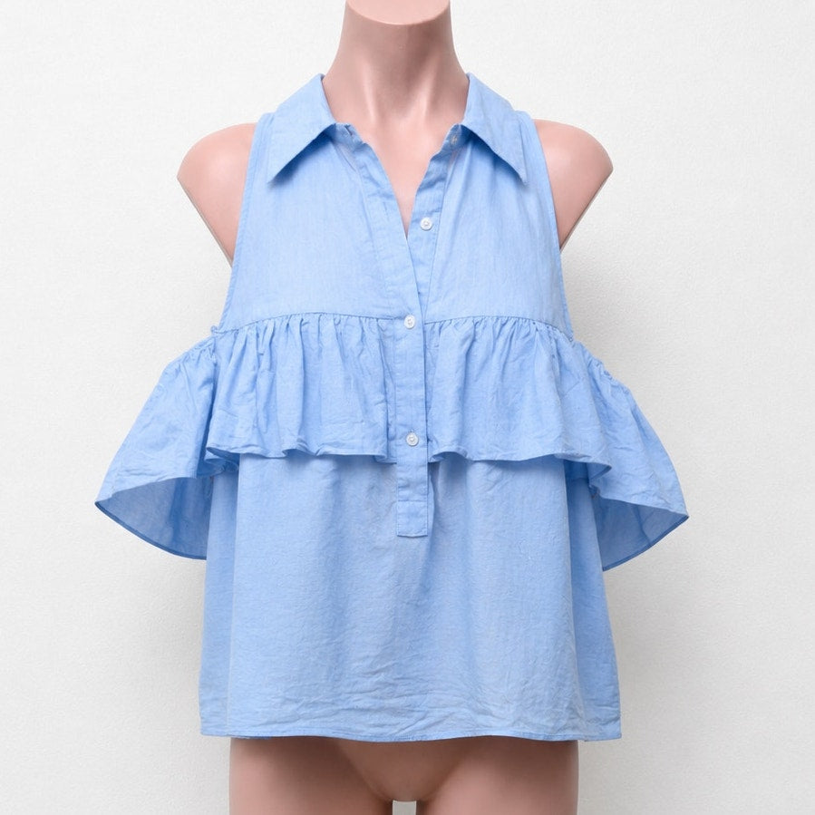 Chic Light Denim Blue Ruffled Cold Shoulder Half Front Button Flowy Blouse Small