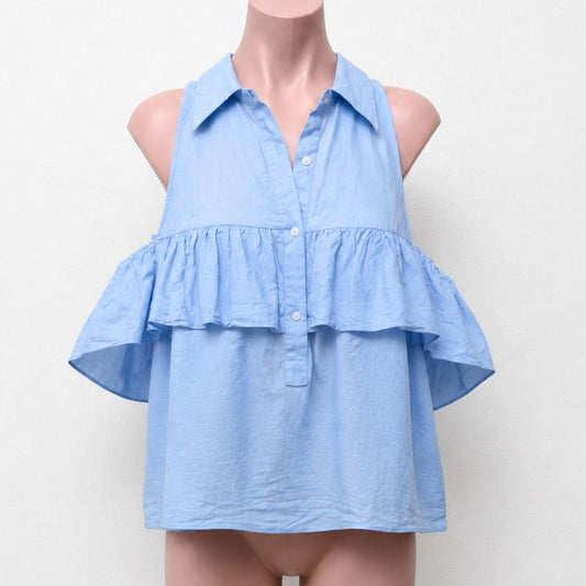 Chic Light Denim Blue Ruffled Cold Shoulder Half Front Button Flowy Blouse Small