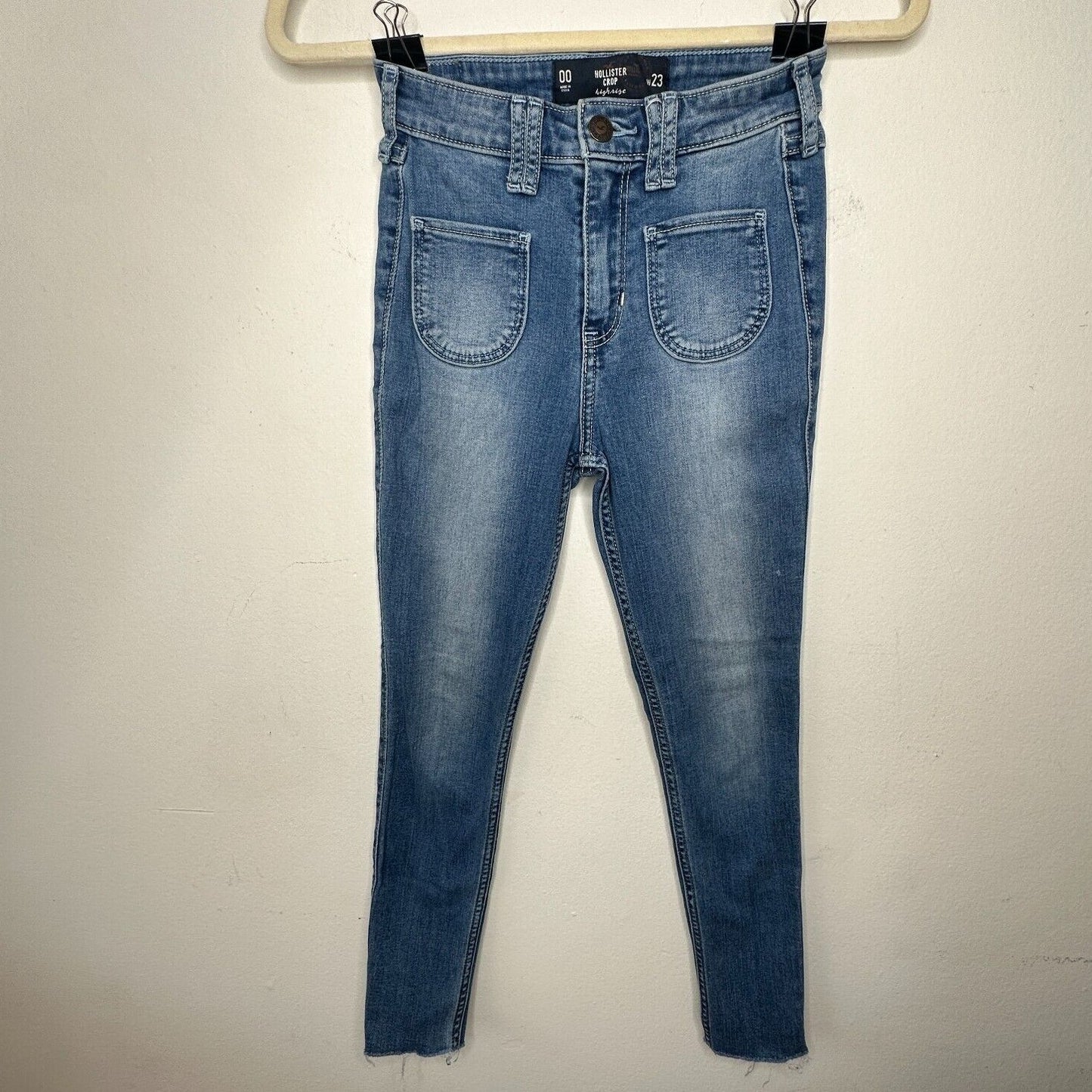 Hollister Medium Wash Crop Patch Pocket Hi-Rise Denim Skinny Jean Raw Hem 23 00
