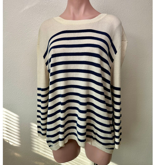 Vince Striped Sweater Cream Navy Women's US L High Low Back Zip