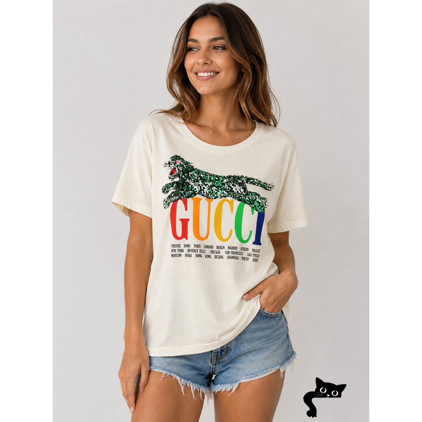 Gucci Sequin Cat Rainbow Logo T-Shirt Cream Unisex US M