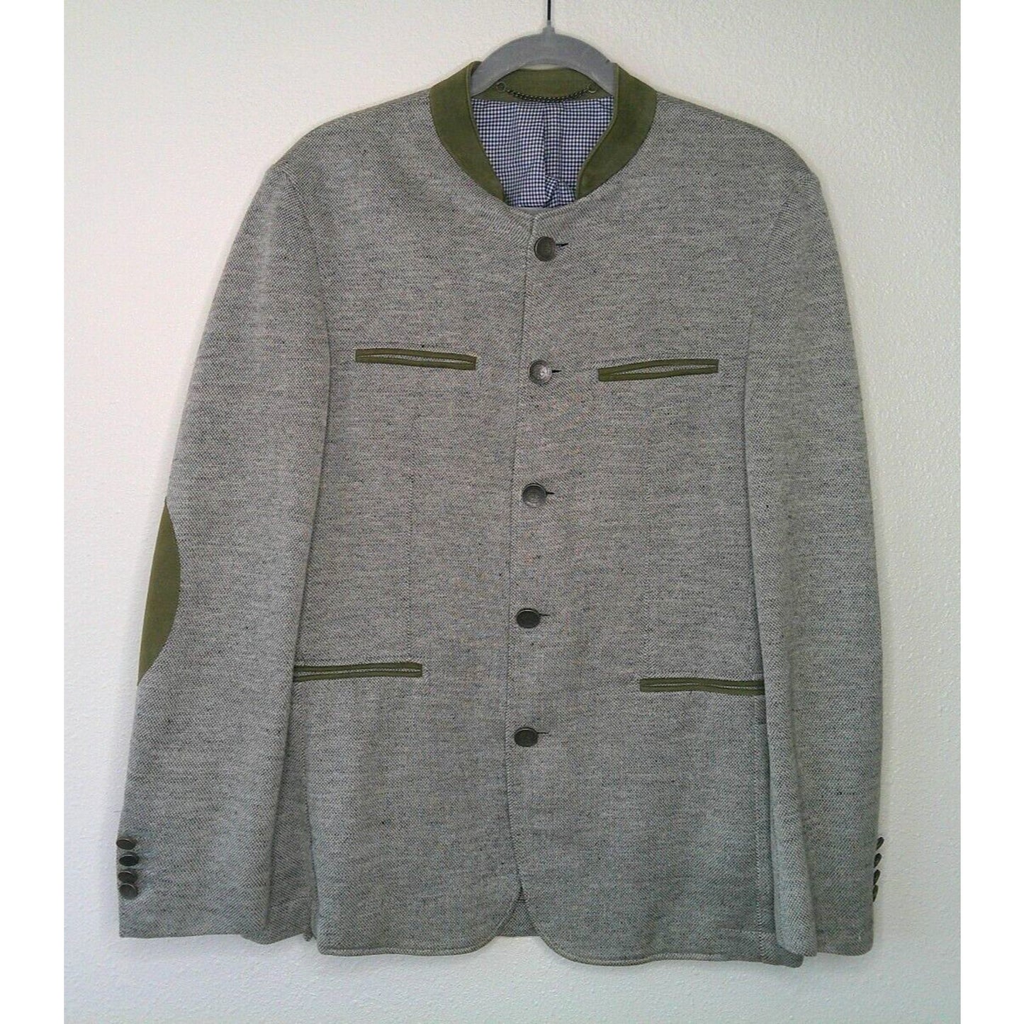 Windsor Blue Tweed with Sage Green Suede Neckline Pockets Patch Elbow Jacket 46