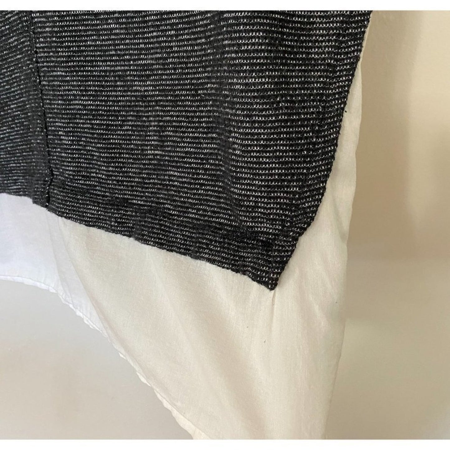 Caslon Black White Color Block Boxy Crewneck Woven Hem Striped Texture Top M