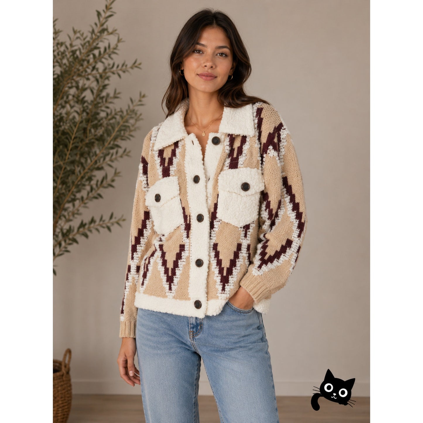 a. peach Tan Ivory Burgundy Southwest Print Button Collared Sweater Jacket S