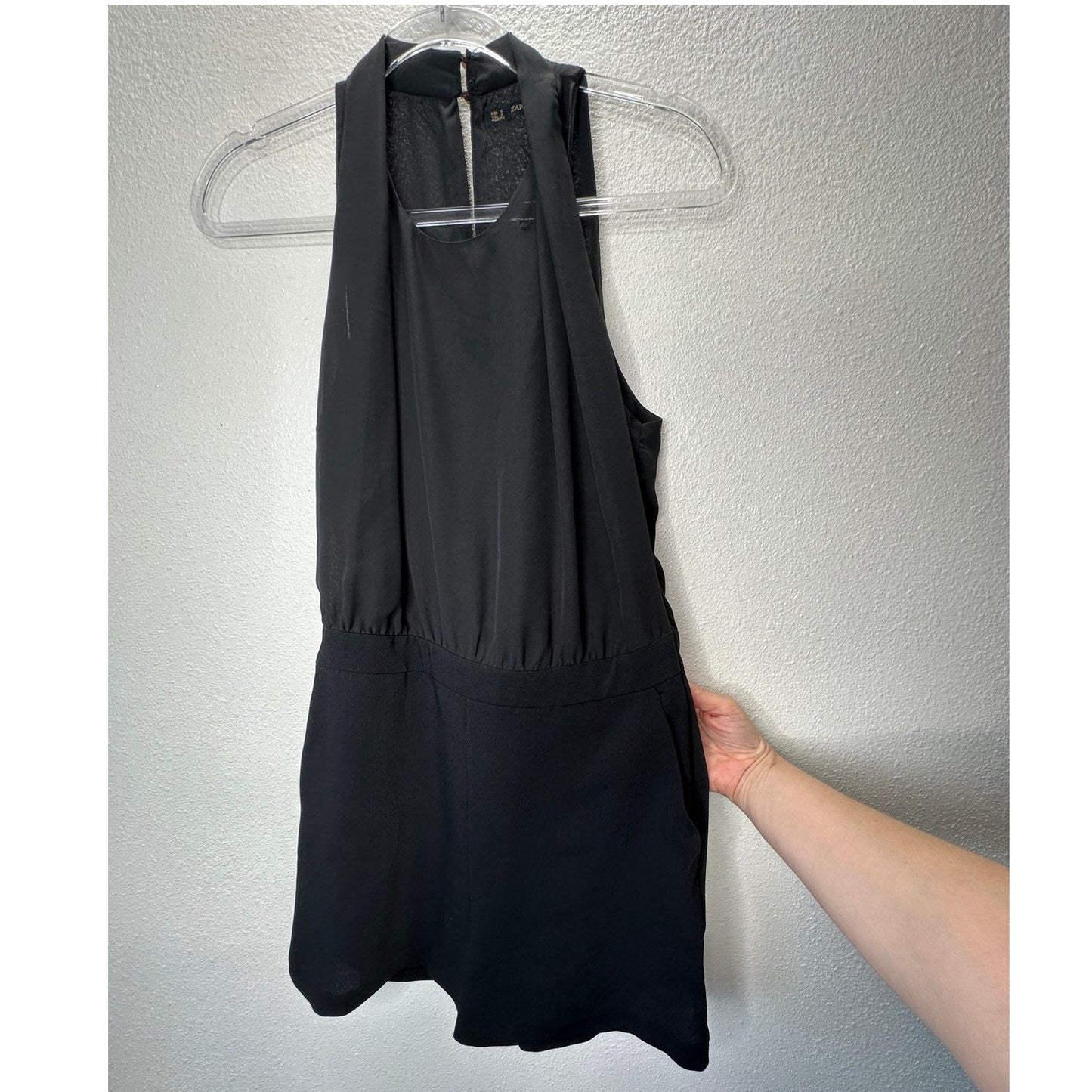 Zara Basic Black Sheer Mesh High Neck Sleeveless Keyhole Back Romper S