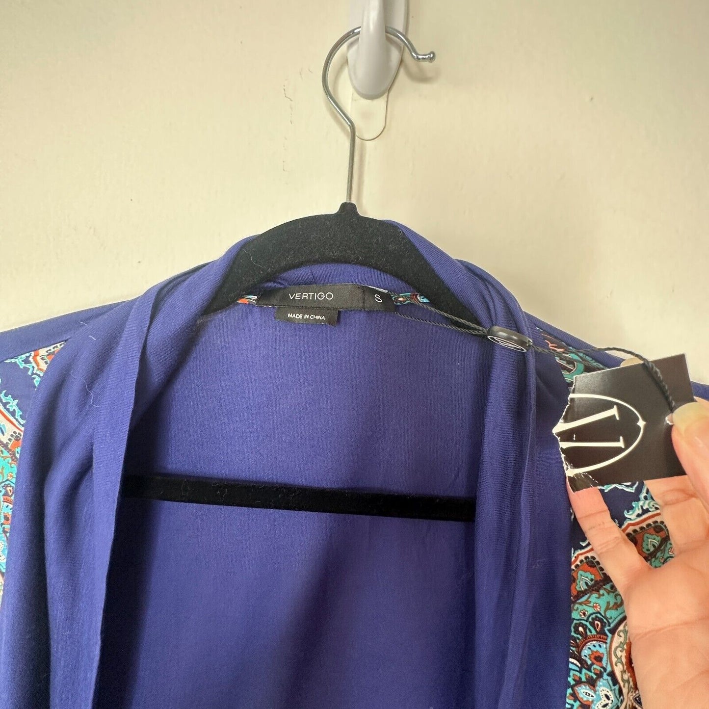 Vertigo Satin High Low Paisley Royal Blue Orange Long Sleeve Drape Cardigan S