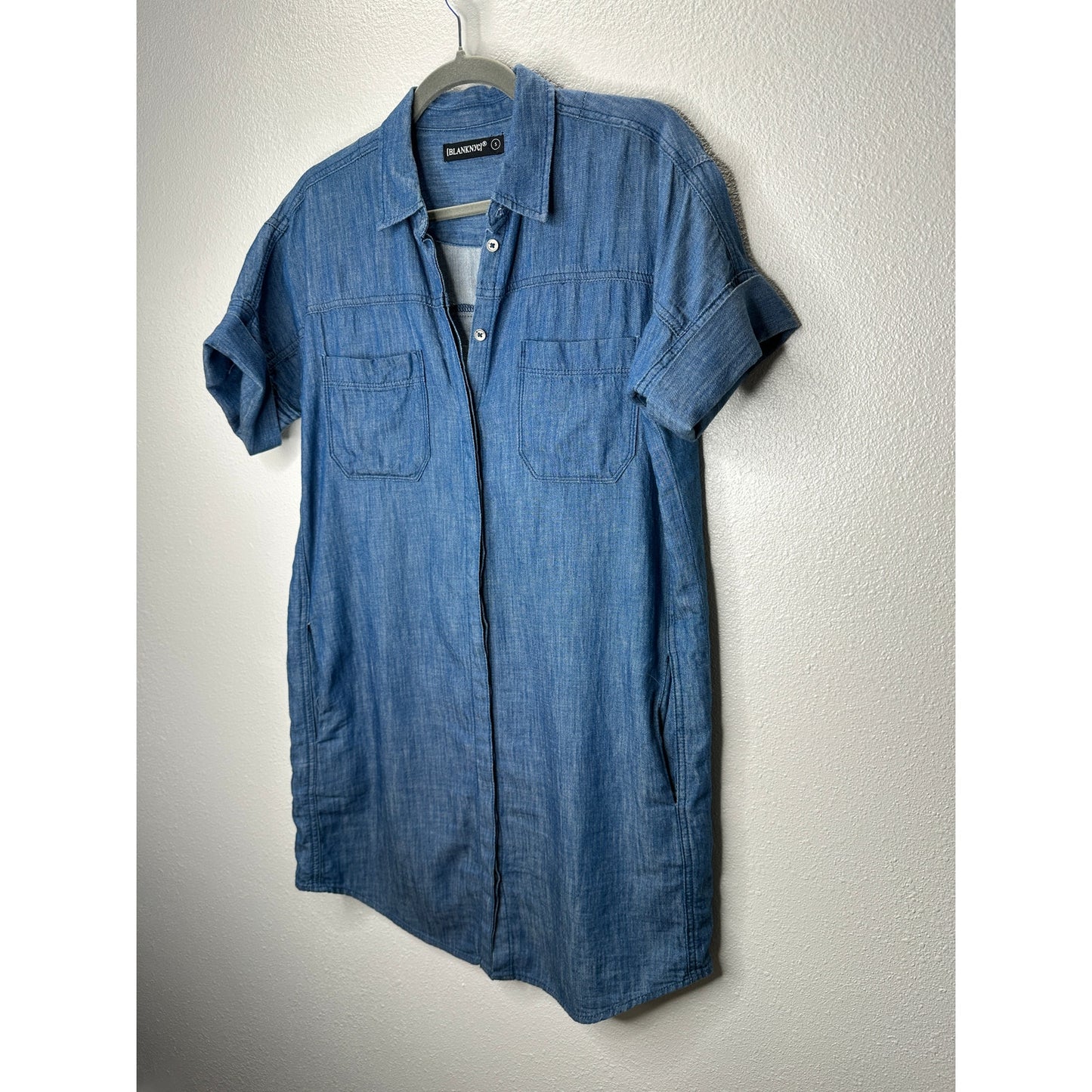 Blank NYC Medium Blue Denim Short Sleeve Pocket Jean Shirt Dress S