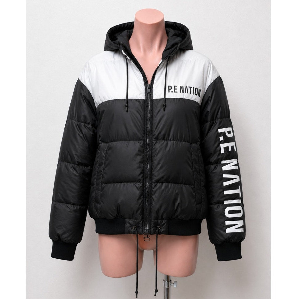 PE Nation Black & White Lead Right Logo Print 004 Zip Lined Puffer Jacket XS