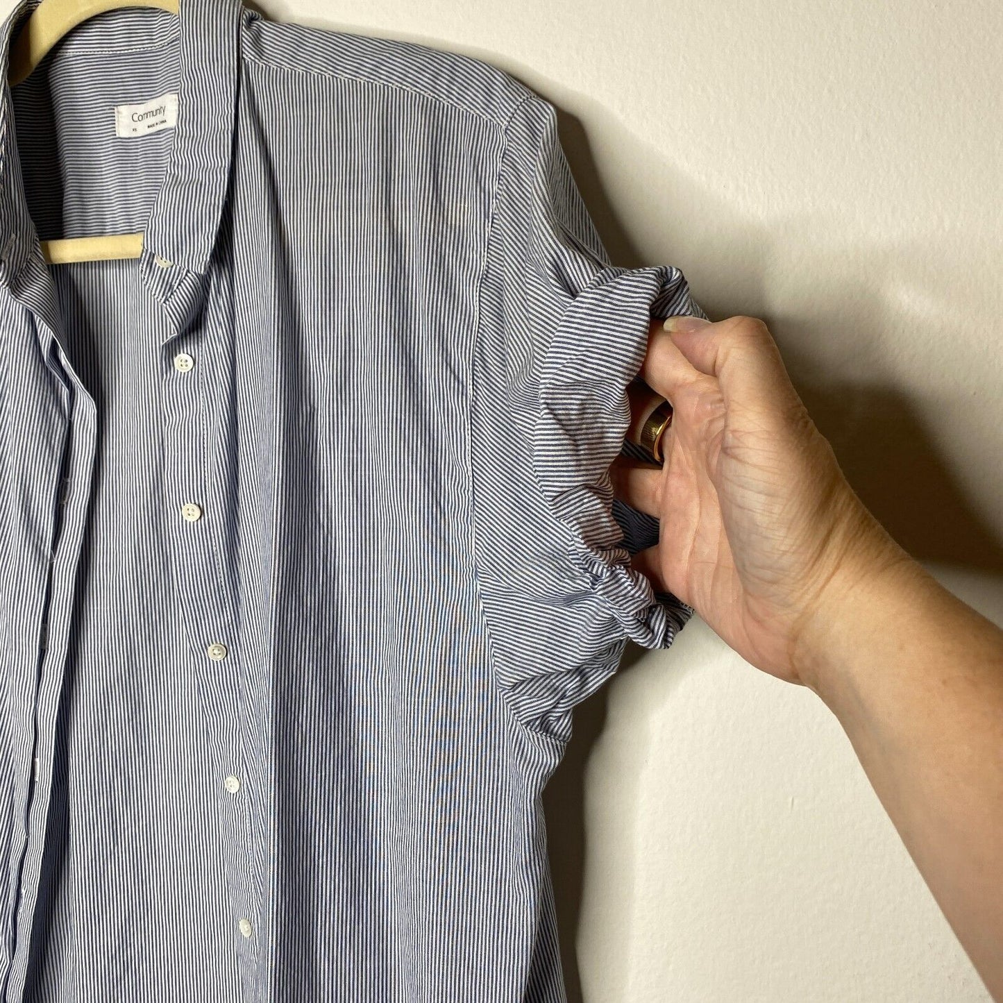 Aritzia Community Blue and White Pin Stripe The Jane Short Sleeve Button Shirt