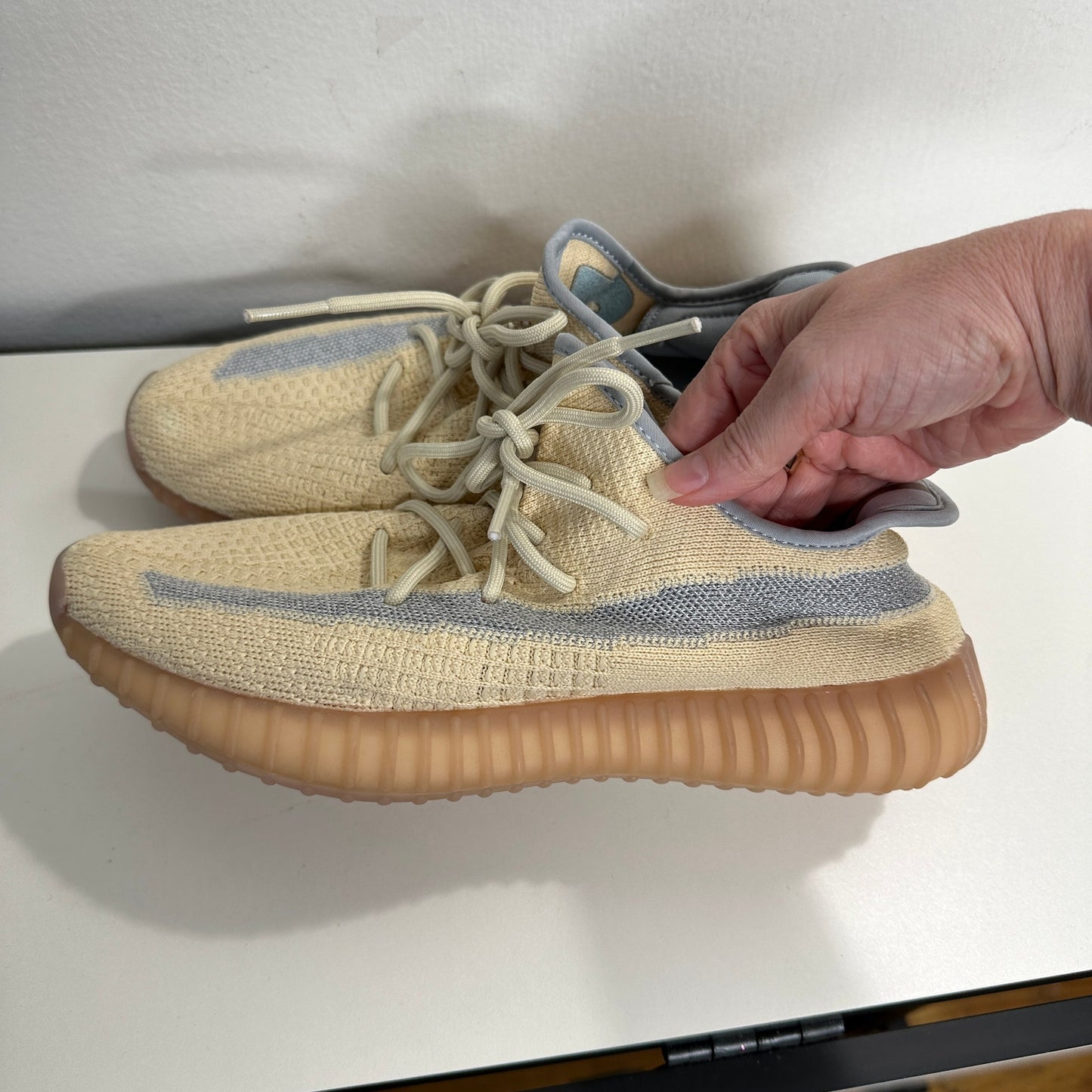 Yeezy x Adidas Boost 350 Tan & Blue Linen Fabric Sneakers Shoes 8.5