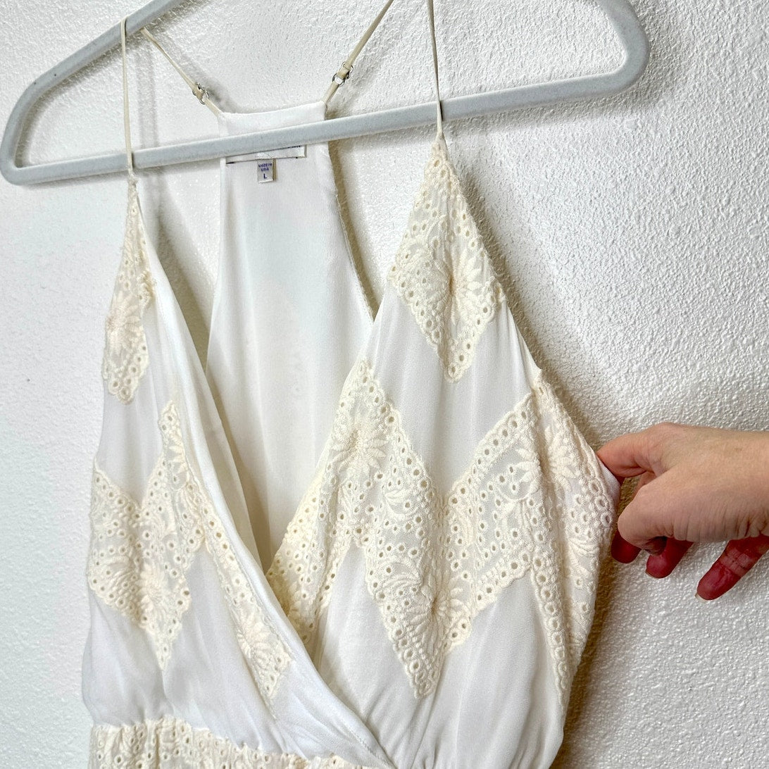 Lavender Brown Cream Willow Ruffle Embroidered Tulip Midi Dress L