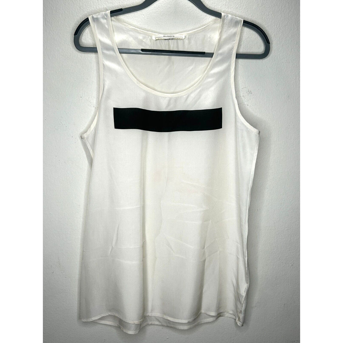 Allsaints Off-White 100% Silk Long Line Tank Top Black Rectangle Block Front 8