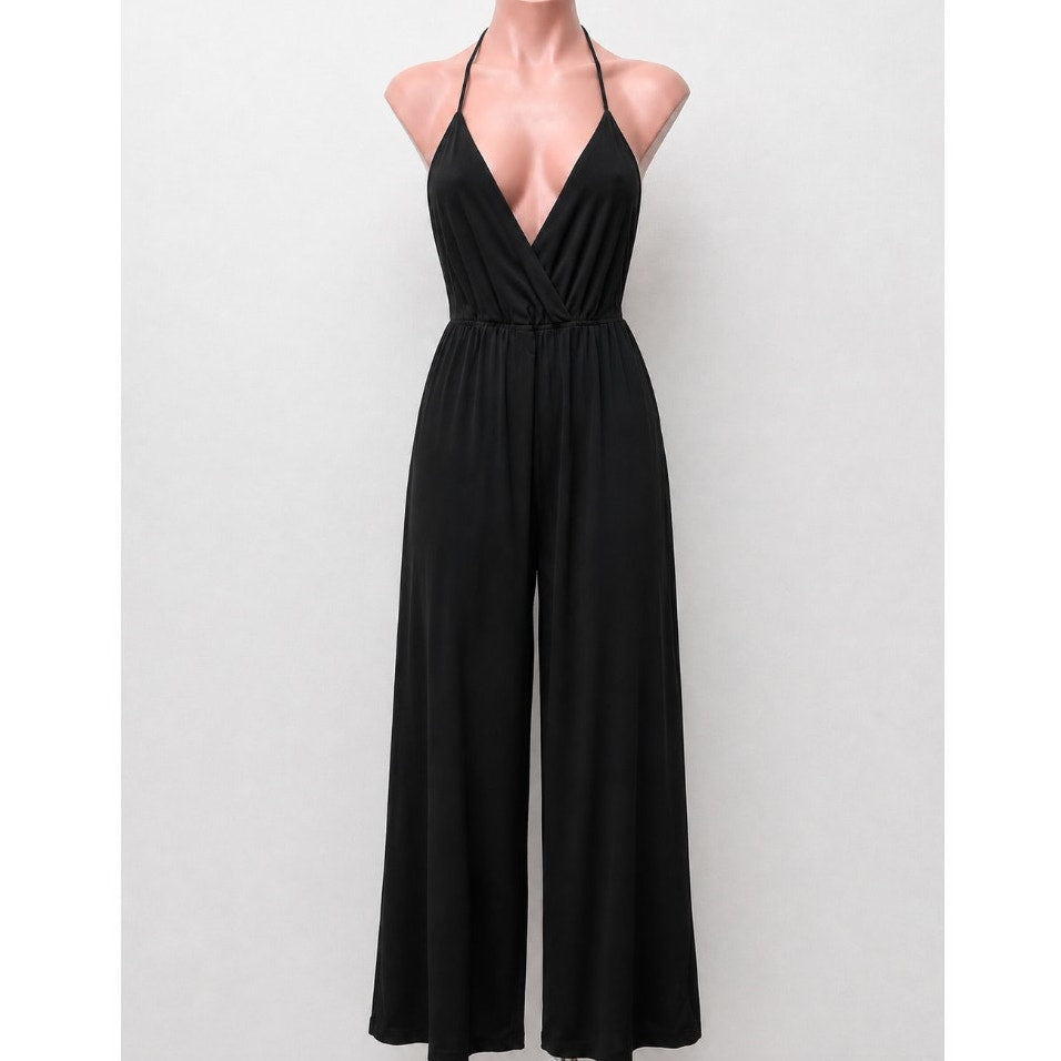 Kelly Renee Jet Black Wrap Sexy VNeck Spaghetti Halter Top Jumpsuit Romper M