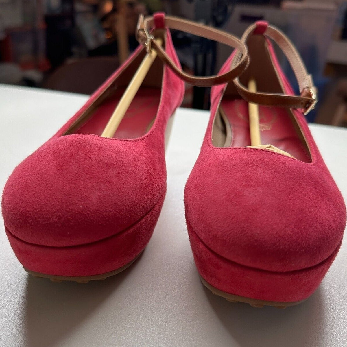Tod's Deep Pink Suede Ankle Strap Ballerina Style Round Toe Wedge Shoes 38 / 8