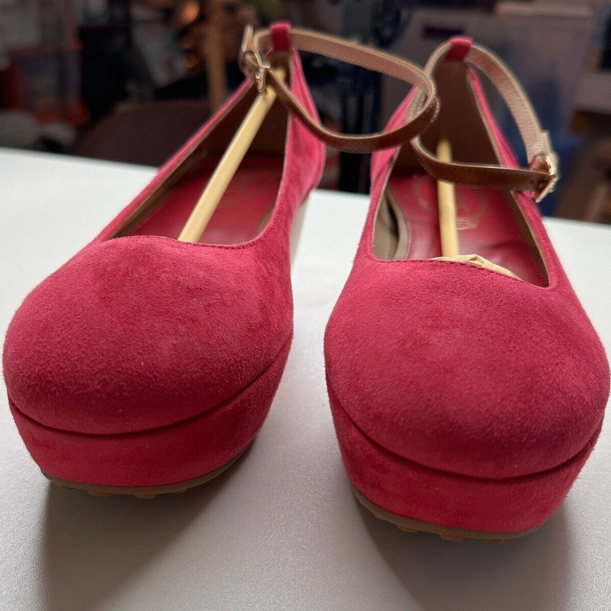 Tod's Deep Pink Suede Ankle Strap Ballerina Style Round Toe Wedge Shoes 38 / 8