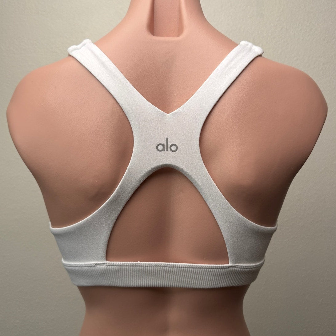Alo Yoga White Deep V Racerback Sports Bra Alosoft XS